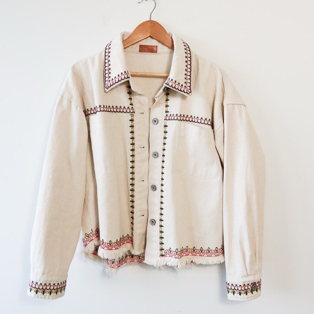 Umgee Boho Embroidered Cream Denim Jacket Large